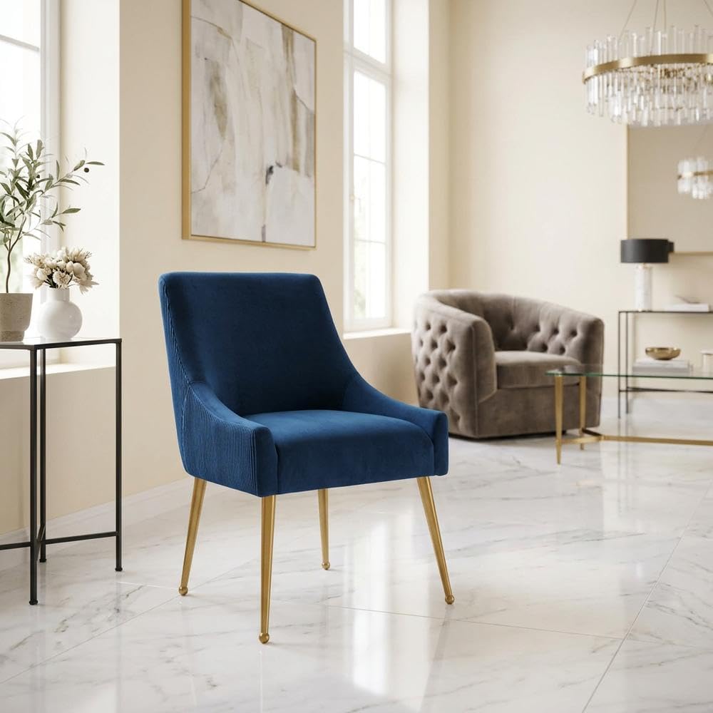 Velvet-Upholstered Side Chair with Pleated Back by Starlight Canyon Home – Velvet, Navy