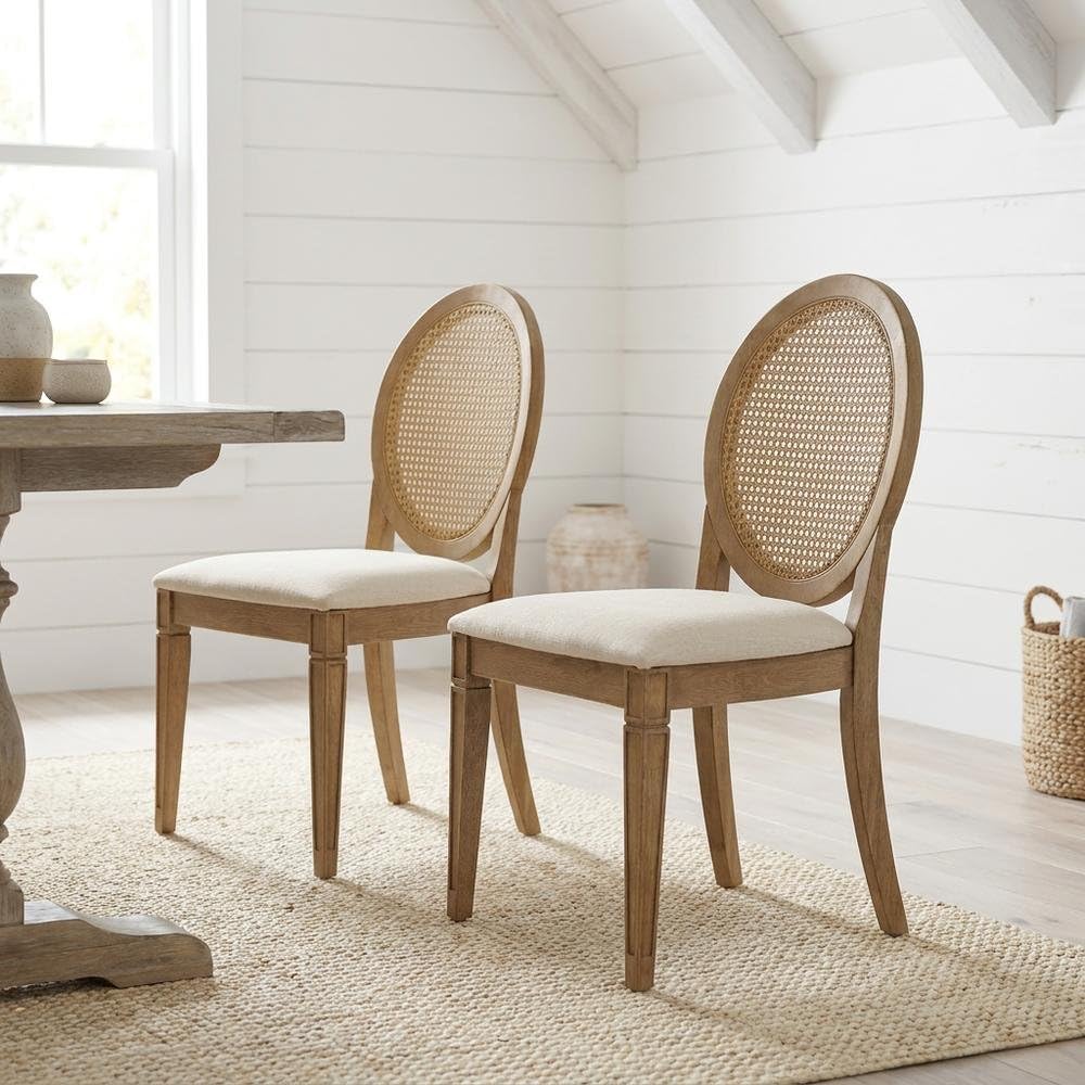 Brown 2-Piece Cane-Back Dining Chair Set with Upholstered Seats by Furnifact – Rubberwood 85.00%,Paper Rattan 5.00%,Foam 5.00%,Fabric 5.00%, Brown, Pack of 2