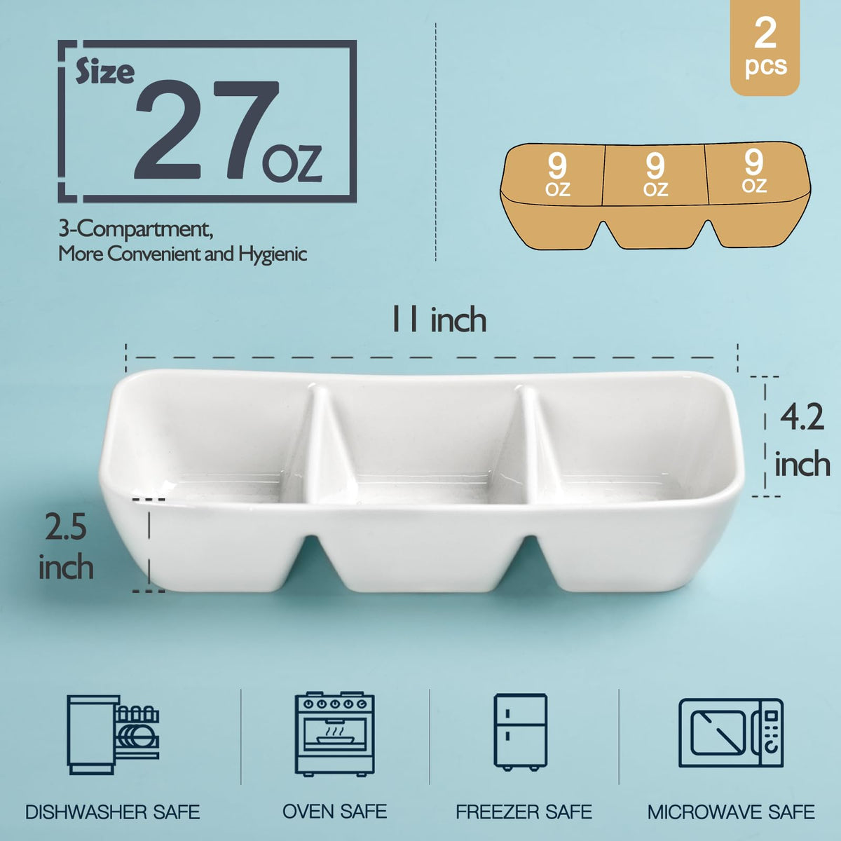 LUFILUFI Ceramic Appetizer Tray, 3 Sections White, Set of 2