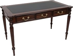 Solid Wood Office Desk with Inlaid Leather Top, Mahogany Writing Desk with Leather Desk Mat Style, Home Office, Brown