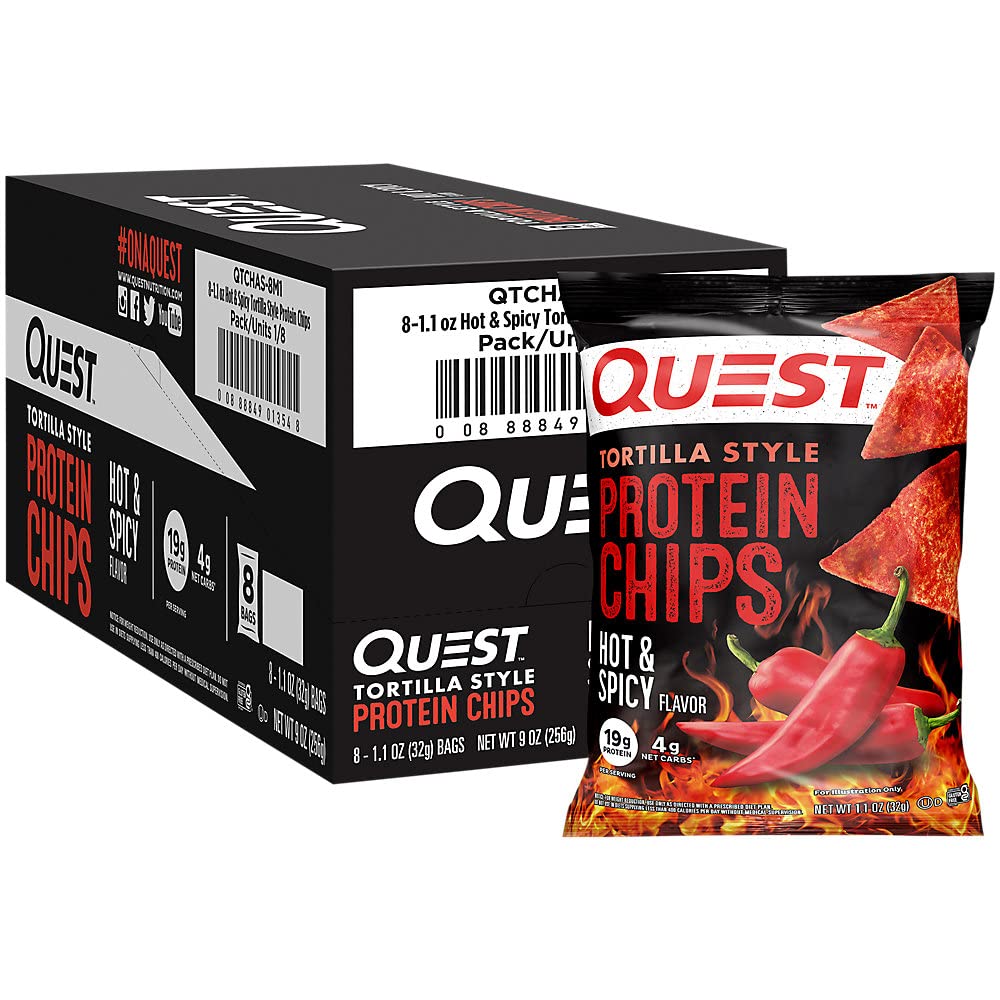 Tortilla Style Protein Chips - 19g Protein - Hot & Spicy (8 Bags) by Quest – 8x32g, No Color, Pack of 8, Model QUE055