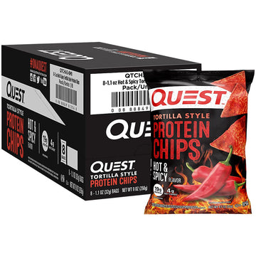 Tortilla Style Protein Chips - 19g Protein - Hot & Spicy (8 Bags) by Quest – 8x32g, No Color, Pack of 8, Model QUE055