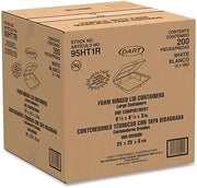 DART Carryout Food Containers, Foam-Hinged, 1 Compartment, 9 1/2" x 9 1/4" x 3", White, Pack of 200