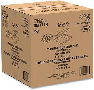 DART Carryout Food Containers, Foam-Hinged, 1 Compartment, 9 1/2" x 9 1/4" x 3", White, Pack of 200