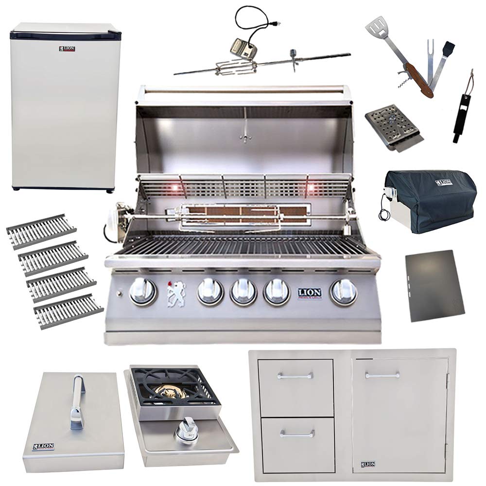 32-Inch Natural Gas Grill L75000 with 4 Ceramic Tubes w/ Flame Tray and Door and Drawer Combo and Single Side Burner and Refrigerator and 5 in 1 BBQ Tool Set Best of Backyard