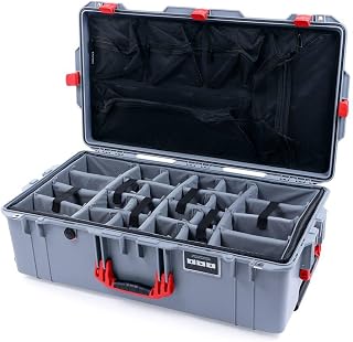 Silver & Red Pelican 1615 air case with Grey CVPKG dividers & mesh lid Organizer.