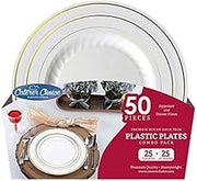 Round Plastic Plates with Gold Trim Combo Pack 7" and 10" | Caterer Choice Collection | Pack of 50
