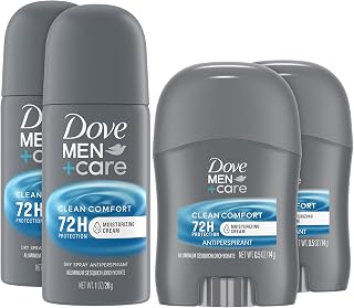 Dove Men + Care Clean Comfort Travel Antiperspirants – Men’s Antiperspirant Spray + Stick, 72H Protection (4 Piece Set)
