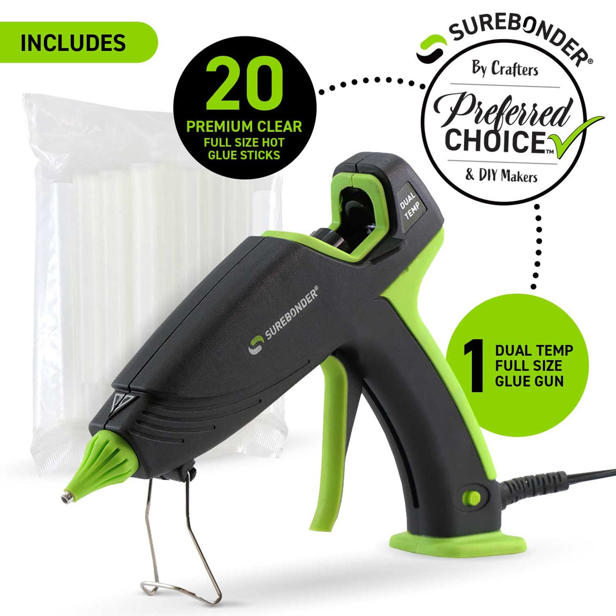 Hot Glue Gun and Glue Sticks by Surebonder – Black and Green, Model DT-3100FAMZS
