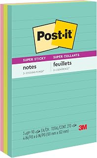 Post-it Super Sticky Notes, 4 x 6 in, Supernova Neons, 3 Lined Pads