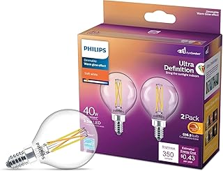 PHILIPS LED 40W G16.5 E12 Base 2-Pack Ultra Definition Soft White (2700K) 350 Lumen (3.5W=40W) Clear Flicker Free Light Bulbs