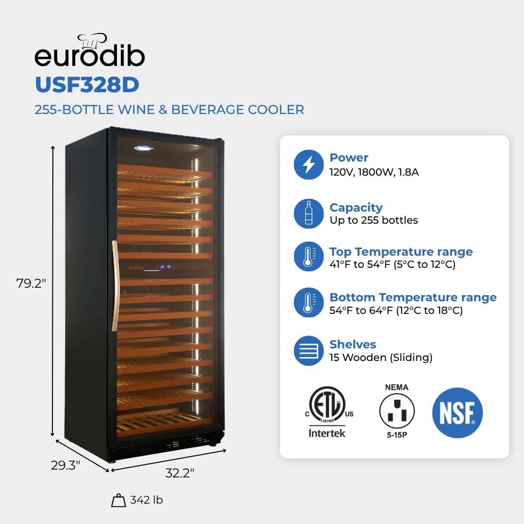 Commercial Wine Cooler by Eurodib – Beech Wood, Black, Model USF328D