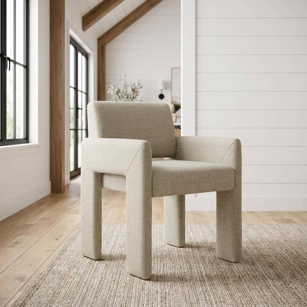 Fabric-Upholstered Dining Chair with Arms and Thick Cushion by Furnifact – Polyester, Linen Brown