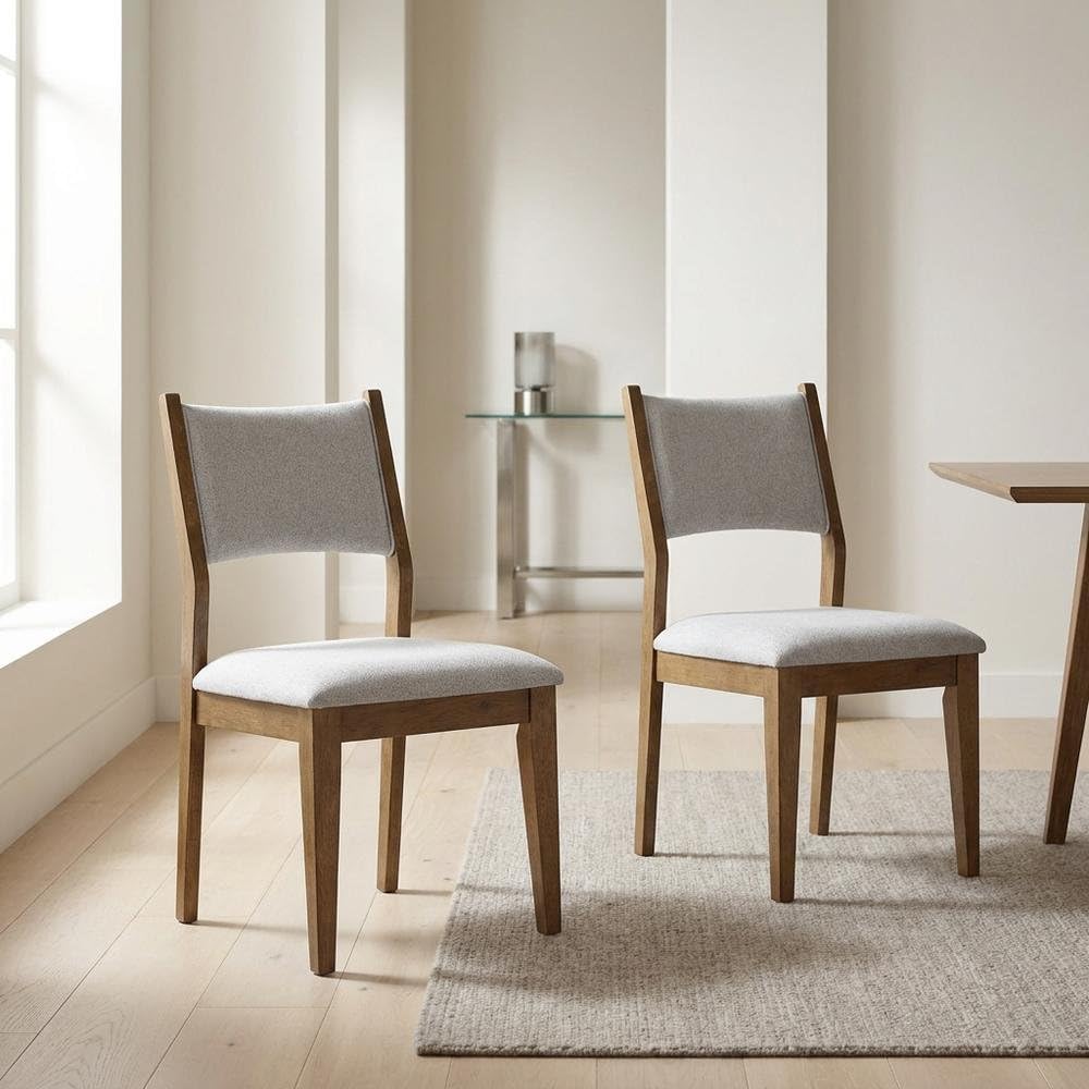 Brown Walnut Oak Dining Chairs Set of 2 with Light Gray Fabric Upholstery by Furnifact – Wood, Foam, Fabric, Brown, Pack of 2