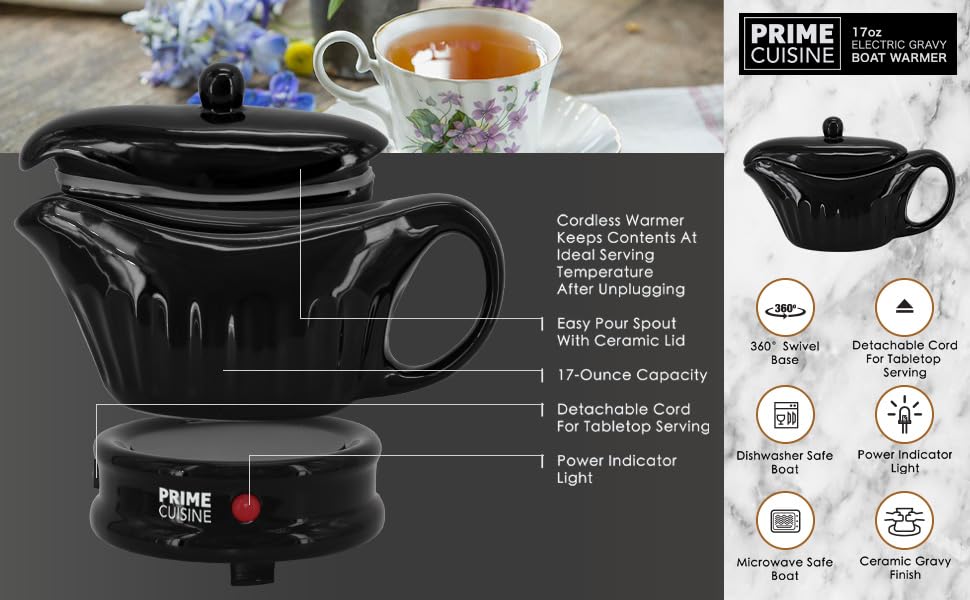 Prime Cuisine Electric Gravy Boat Warmer, 17 Ounces, Black