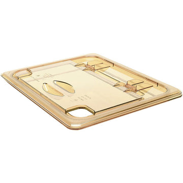 FlipLid Food Pan Cover high heat 1/6 size notched hinged amber by Cambro – 1/6 Size, Plastic, Amber, Pack of 6, Model 60HPLN150