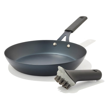 Obsidian 10” Carbon Steel Frying Pan by OXO – 10" Fry Pan with Silicone Sleeve and Brush, 3.0 cups, Cast Iron, Black, Model CC011490-001