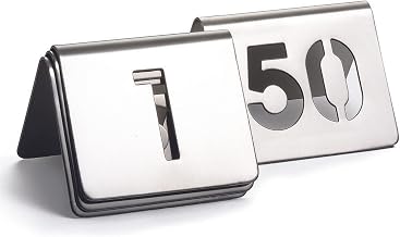 TableCraft TC150 Number Tents, Stainless Steel Table Number Signs, 1-50 Set, Double-Sided for Visibility, 2.5" x 2" Durable Design, Oven & Dishwasher Safe, Ideal for Restaurants & Cafes