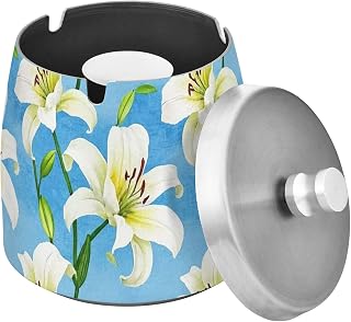 Watercolor Lilies Blue Pattern Splash Ashtray with Lid, Outdoor Ashtrays for Patio