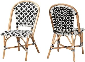 Ambre Modern French Black and White Weaving Natural Rattan 2-PIECE Bistro Chair Set
