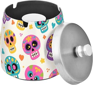 Skull Light Yellow Background Splash Ashtray with Lid, Outdoor Ashtrays for Patio