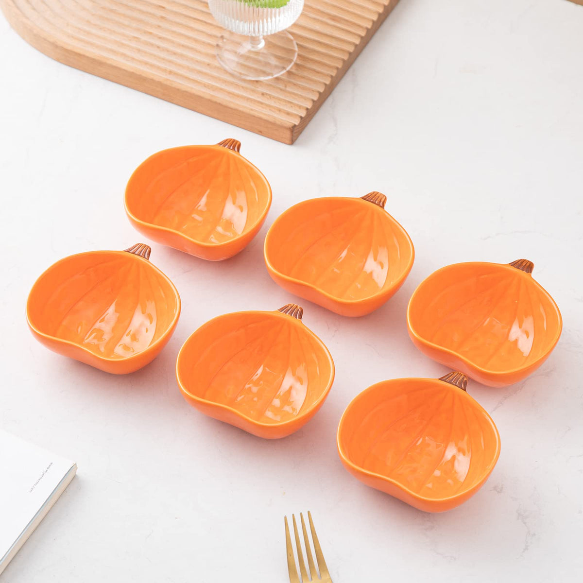Yeexoxow Pumpkin Bowls, 6 Ounce Ceramic Ramekins, Set of 6, Orange
