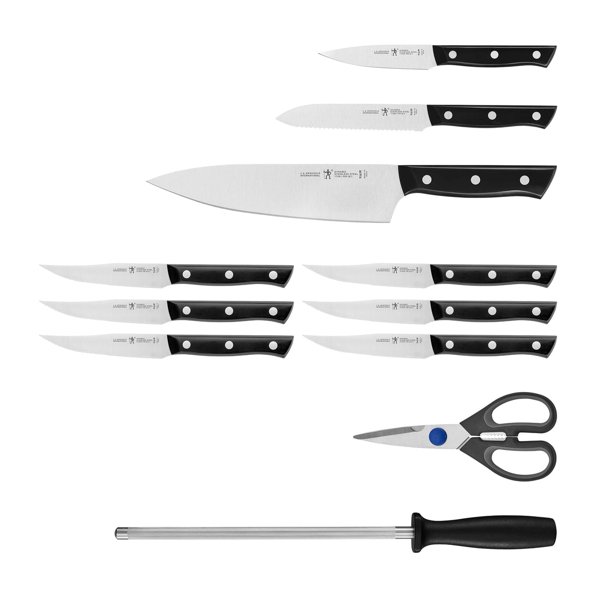 Dynamic Razor-Sharp 12-Piece Knife Block Set by HENCKELS – 12-pc, High quality German stainless steel, Natural, Pack of 12, Model 17572-112