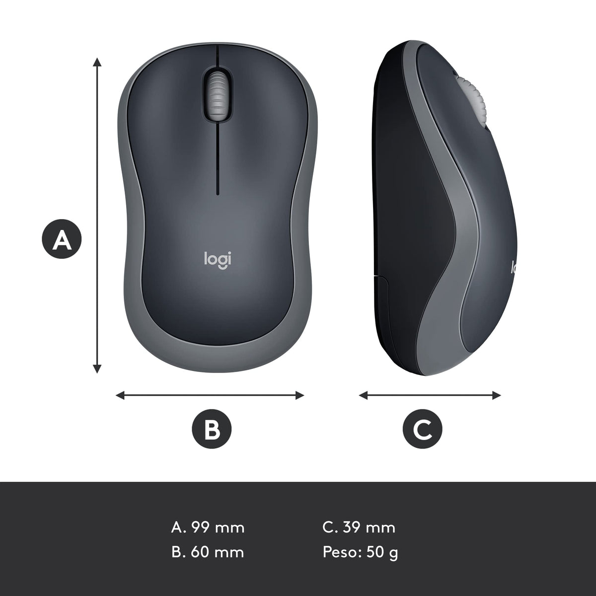 Wireless Mouse - Gray (Renewed) by Logitech – 1-Pack, Metal, gray, Model M185