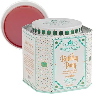 Harney & Sons Birthday Party Decaf Black Tea, 30 Sachets in Tin | Decaffeinated black tea with fruit, berry and floral flavors. Certified Kosher.