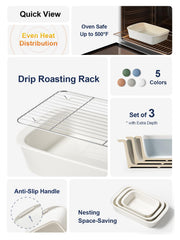 Le Tauci Ceramic Casserole Set with Racks, 4.6 Qt 3 Qt 1.6 Qt, White
