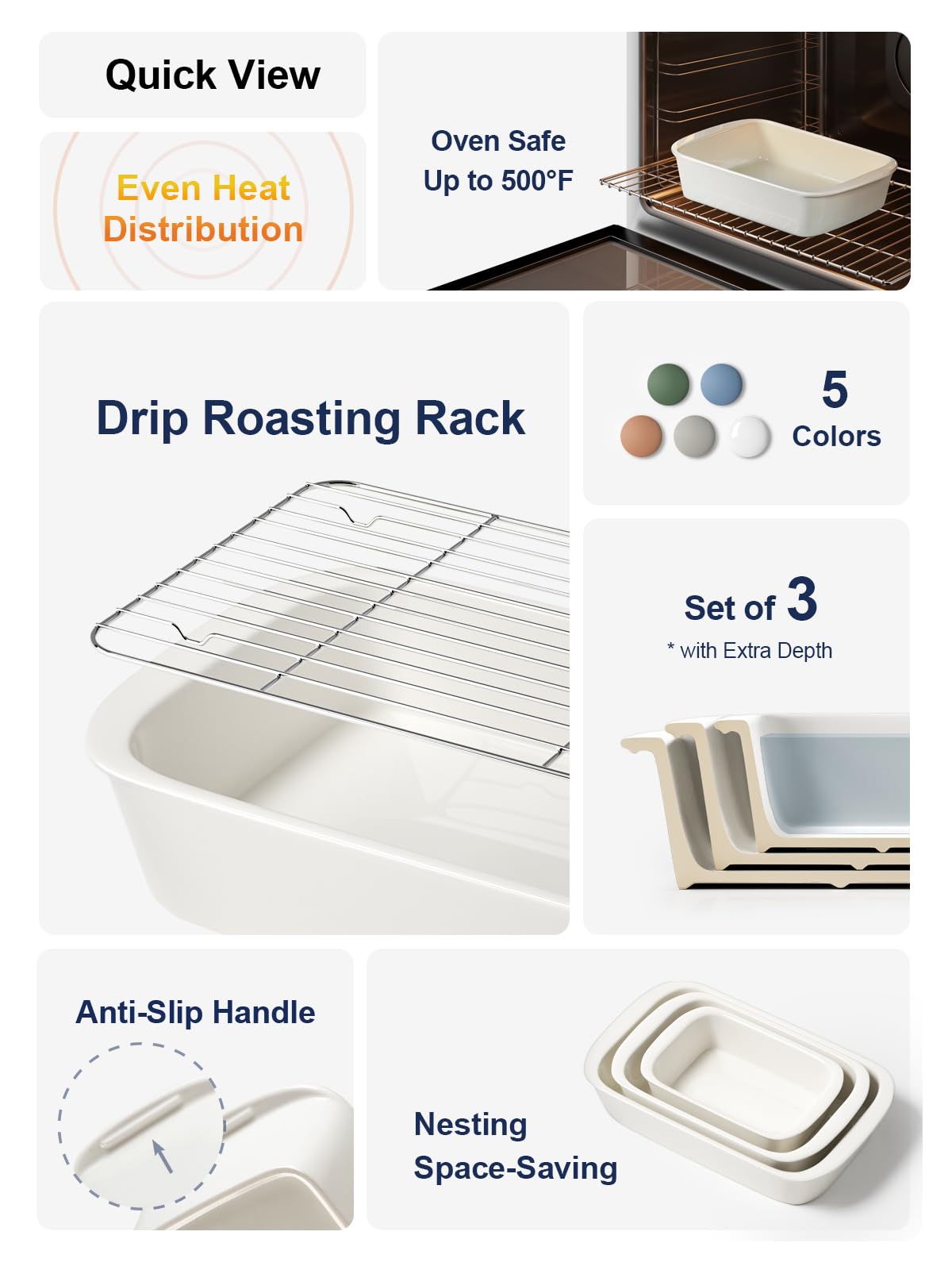 Le Tauci Ceramic Casserole Set with Racks, 4.6 Qt 3 Qt 1.6 Qt, White