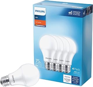 PHILIPS LED Frosted Non Dimmable A19 Light Bulb - EyeComfort Flicker Free - 11W=75W - 1000 Lumen - Soft White (2700K) - E26 Base - Indoor - Pack of 4