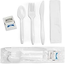 Individually Wrapped Plastic Cutlery Set with Napkin + Salt & Pepper Packets in White (250 Count) Prewrapped Disposable Silverware Bags, Bulk Utensils: Fork, Knife, and Spoon for Togo Eating