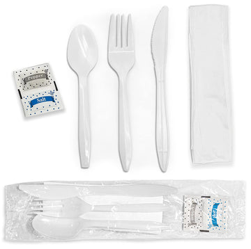 Individually Wrapped Plastic Cutlery Set with Napkin + Salt & Pepper Packets in White (250 Count) Prewrapped Disposable Silverware Bags by Stock Your Home – 250 Count, Model 1555