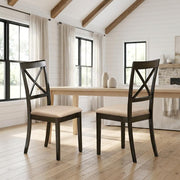 Solid Wood X-Back Dining Chair with Microfiber Seat by Furnifact – Wood, Black/Beige, Pack of 2