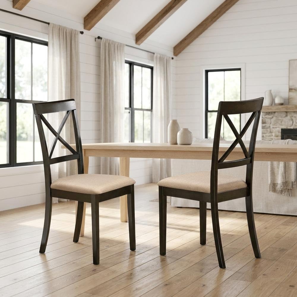Solid Wood X-Back Dining Chair with Microfiber Seat by Furnifact – Wood, Black/Beige, Pack of 2