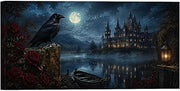 Gothic Full Moon Castle Black Raven Red Rose Framed Wall Art Dark Romantic Lakeside Nightscape (Framed,12 * 24in)