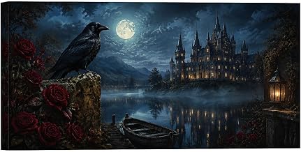 Gothic Full Moon Castle Black Raven Red Rose Framed Wall Art Dark Romantic Lakeside Nightscape (Framed,12 * 24in)