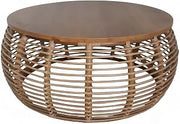 Furnifact Solid Mindi Wood and Rattan Coffee Table, Fully Assembled Boho Accent Table for Living Room Indoor Lounge or Sitting Area, Honey