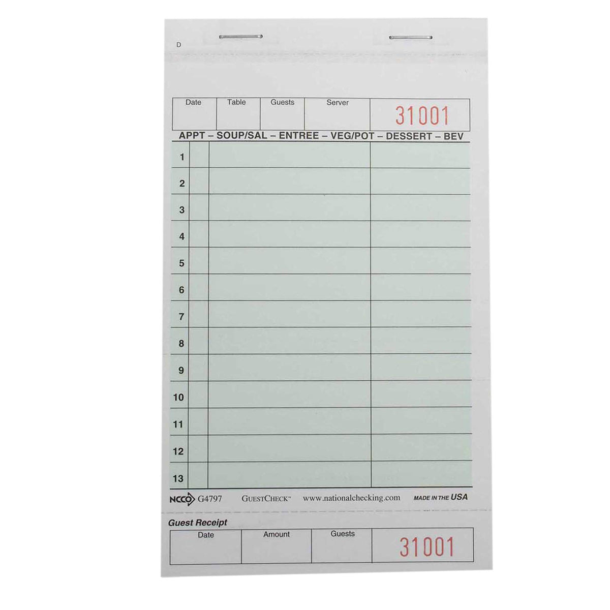 National Checking Company Carbonless Guest Check Board - 2 Part Green by NCCO – Pack of 2000, Model G4797SP