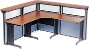 Global Industrial 80"W x 80"D x 44"H L-Shaped Reception Station with Window, Cherry Counter/Blue Panel