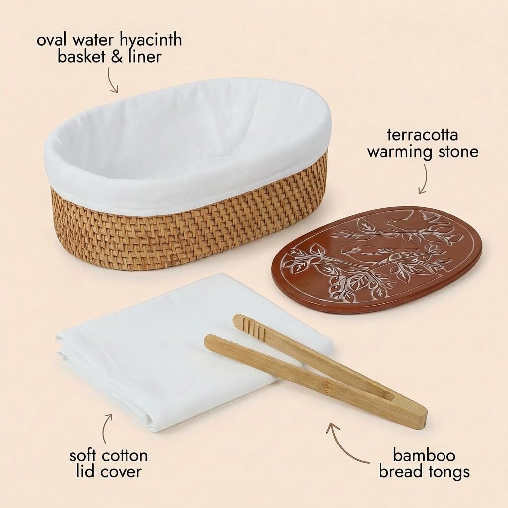 YANGQIHOME Rattan Bread Basket with Warming Stone, 9 x 12.6 x 3.9 Inches, Natural