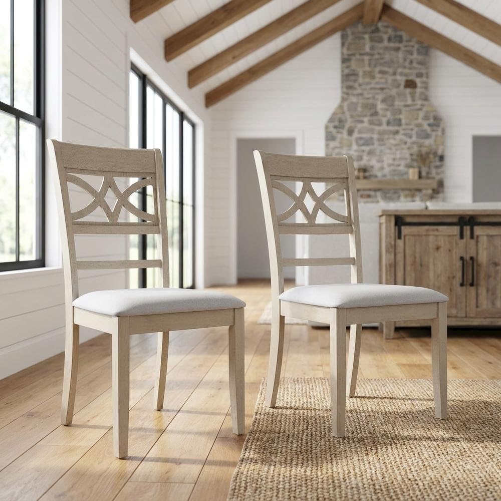 Linen-Upholstered Side Chair with Wood Frame by Furnifact – Wood, Beige; Antique Bone White, Pack of 2