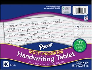 Pacon Long Ruled Handwriting Tablet, 8" x 10.5", 40 Sheets/Each, 24 Tablets | Multi-Program, D'Nealian Grade 1, Zaner-Bloser Grade 2, 0.5" Ruling, 0.25" Dotted Midline, 0.25" Descender Space, PAC2481