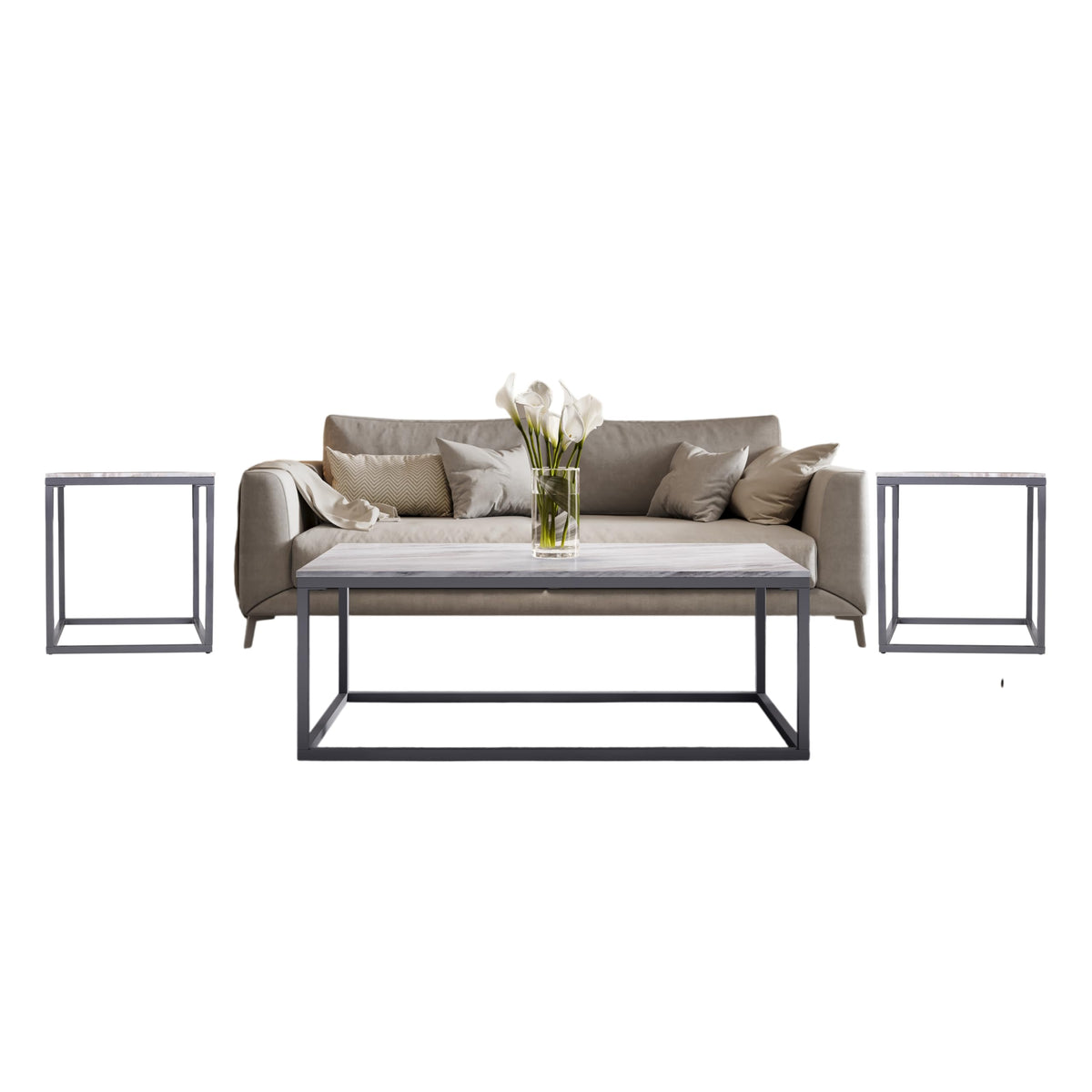 Wynn Modern Luxe Three Piece Living Room Solid Marble Coffee and Matching End Tables Set by Jofran Inc. – Marble, Grey Marble, Pack of 3, Model 2568-C2E