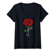 Women's Curtis Red Flower Art First Name for Men Kids Boys V-Neck T-Shirt by Rose Floral Botanical Personalized Name Designs – Black, Model CGQF10EZ45F