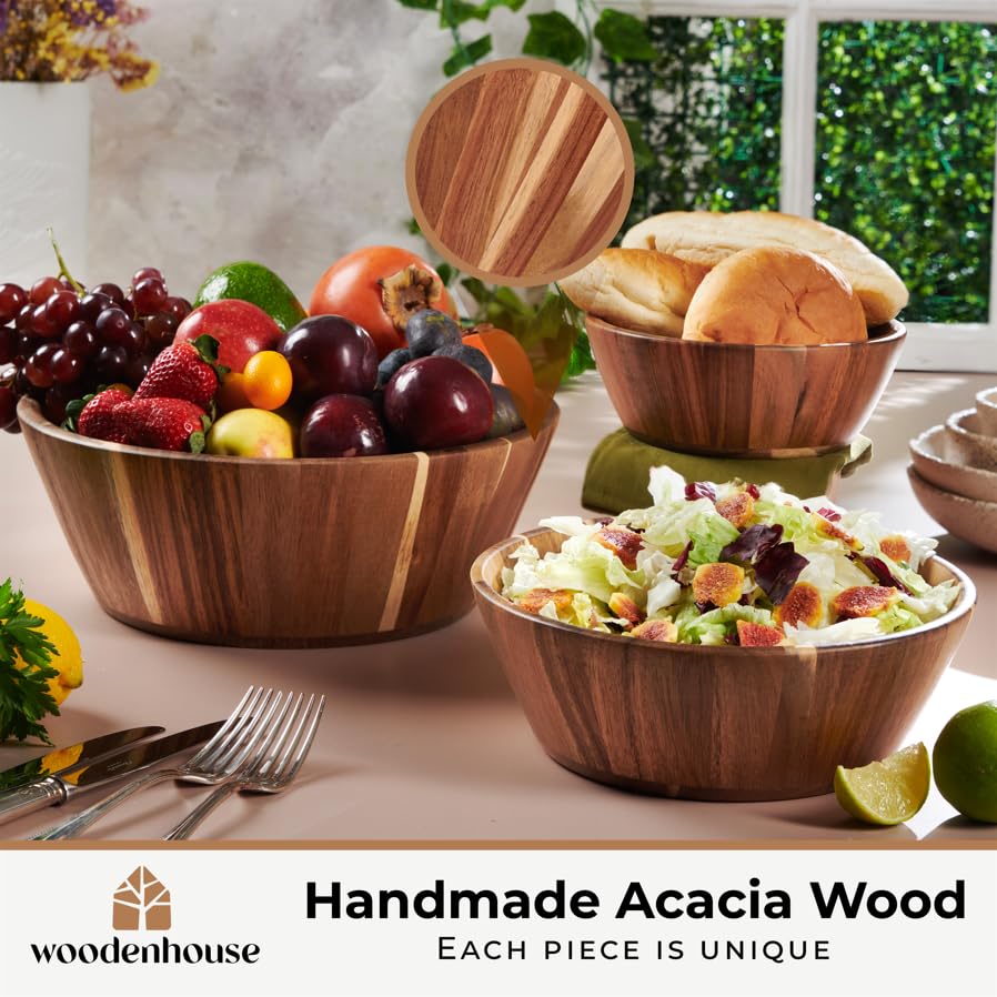 Woodenhouse Wooden Salad Bowl Set, 12 10 8 Inch Round Nesting Bowls, 3 Piece