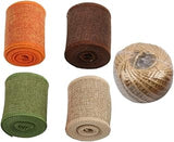 6cm Wide Linen-Like Decorative Ribbon Set for Wedding and Festival DIY Crafting, 5pcs Colored Wrapping Ribbons with 50m Natural Jute Twine for Wrapping and Party Decorations