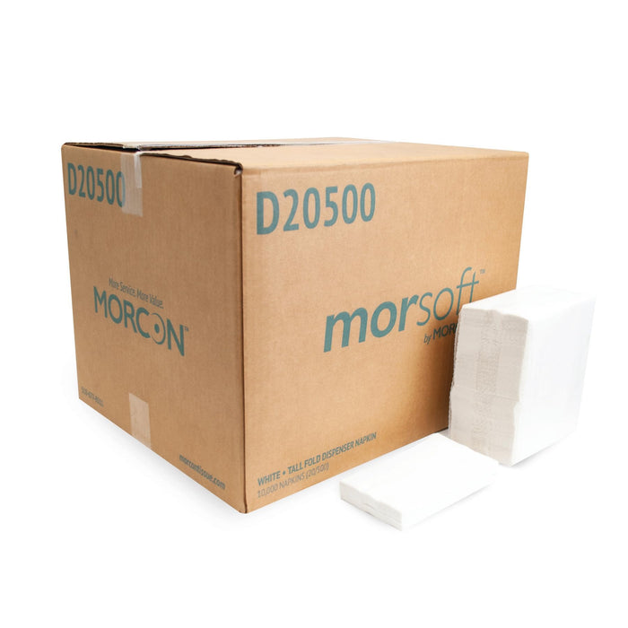 Morsoft by Morcon Commercial Tall Fold Dispenser Napkins, 1-Ply, 6 in. x 13 in., White, 20 packs of 500 Napkins, 10,000 Count