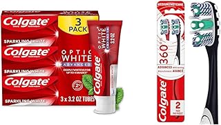 Colgate Optic White Advanced Teeth Whitening Toothpaste & 360 Optic White Advanced Toothbrush, Medium Toothbrush for Adults,2 Count (Pack of 1)